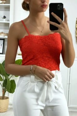Débardeur Rouge En Dentelle Doublé Avec Bretelle Amovible -Promos Raffinoux Boutique debardeur rouge en dentelle double avec bretelle amovible 2