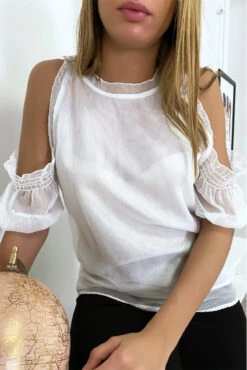 Haut Blanc En Crêpe Doublé Avec épaules Dénudés -Promos Raffinoux Boutique haut blanc en crepe double avec epaules denudes 2