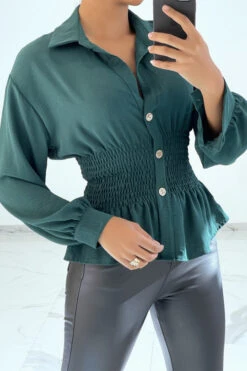 Haut Fluide Vert Cintré à La Taille Effet Bouffant Style Bohème Chic