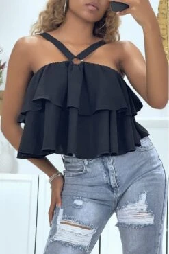 Haut Noir à Volants Et Bretelles Croisées -Promos Raffinoux Boutique haut noir a volants et bretelles croisees 1