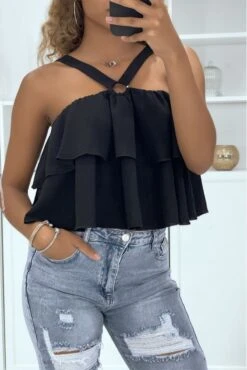 Haut Noir à Volants Et Bretelles Croisées -Promos Raffinoux Boutique haut noir a volants et bretelles croisees 2