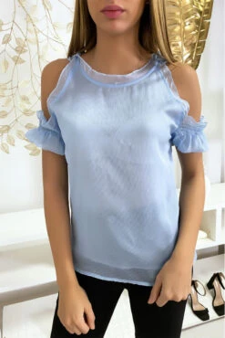 Haut Turquoise En Crêpe Doublé Avec épaules Dénudés