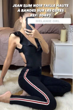 Jean Slim Noir Taille Haute à Bandes Sur Les Côtés