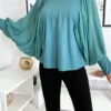 Jolie Blouse Turquoise à Manches Drapées