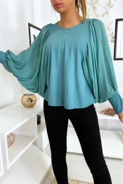 Jolie Blouse Turquoise à Manches Drapées