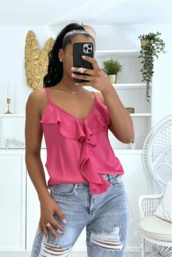 Magnifique Débardeur Fuchsia Satiné à Bretelles Fines Et Volants -Promos Raffinoux Boutique magnifique debardeur fuchsia satine a bretelles fines et volants 2
