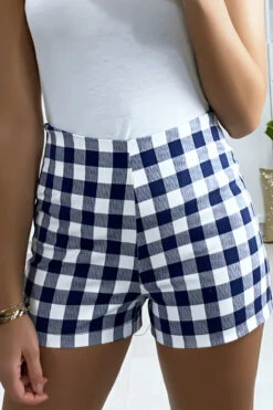 Short à Carreaux Bleu Taille Haute Avec Fermeture Sur Le Coté