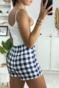 Short à Carreaux Bleu Taille Haute Avec Fermeture Sur Le Coté -Promos Raffinoux Boutique short a carreaux bleu taille haute avec fermeture sur le cote 3