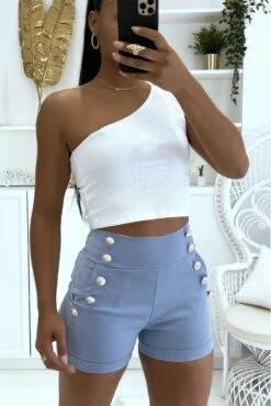 Short Taille Haute Bleu Effet Push Up Et Taille Fine Avec Ses Jolies Butons Sur Les Côtés