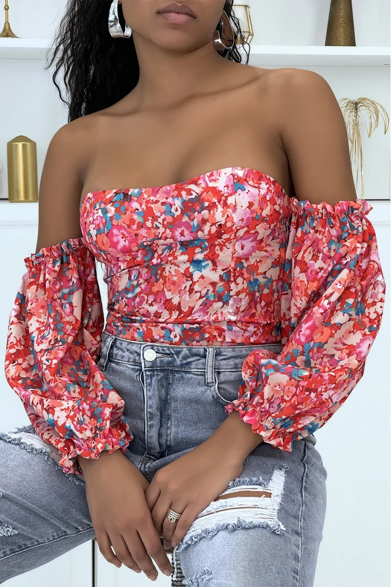 Top à épaule Dénudée Fleuri Rouge 2 Top à épaule Dénudée Fleuri Rouge – Image 2