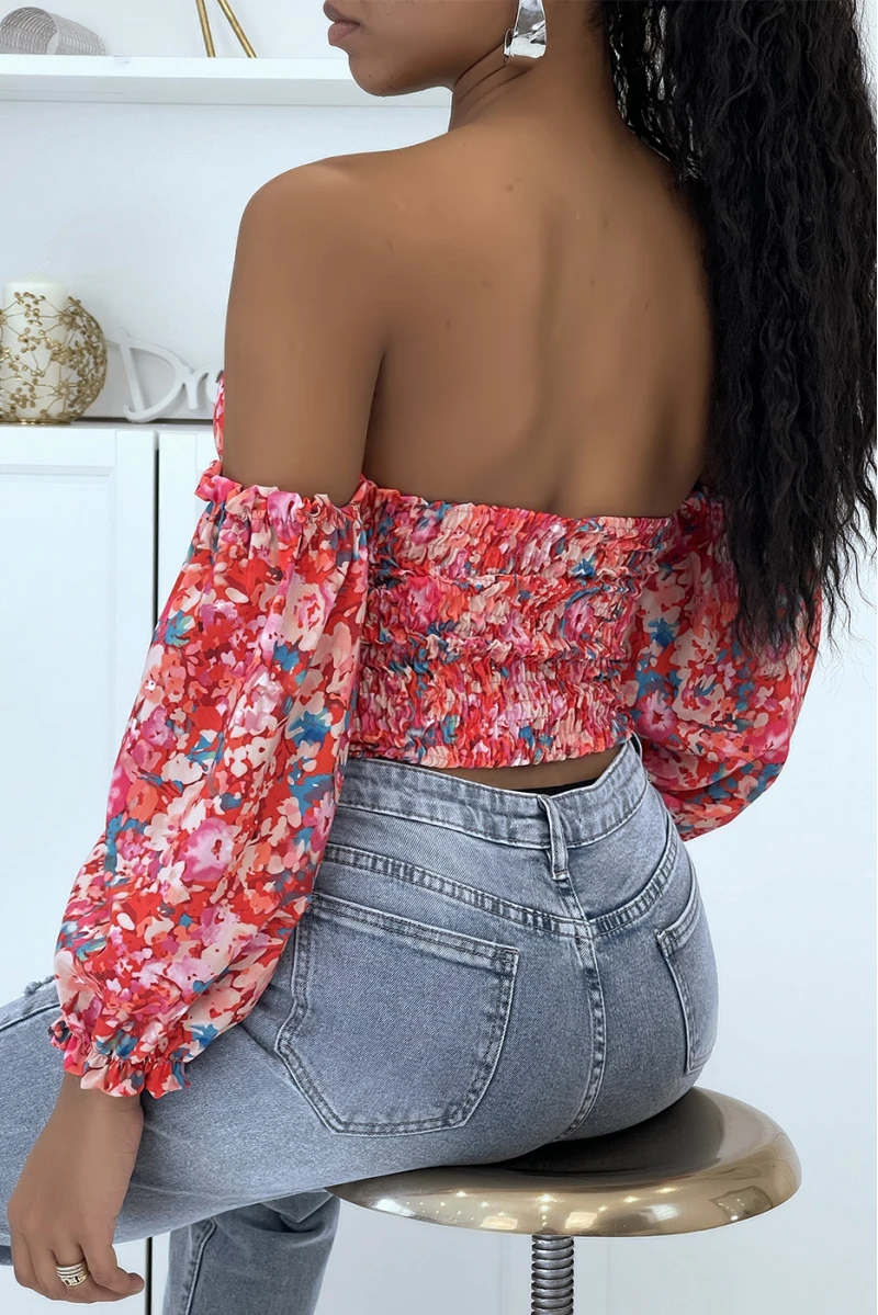 Top à épaule Dénudée Fleuri Rouge 3 Top à épaule Dénudée Fleuri Rouge – Image 3