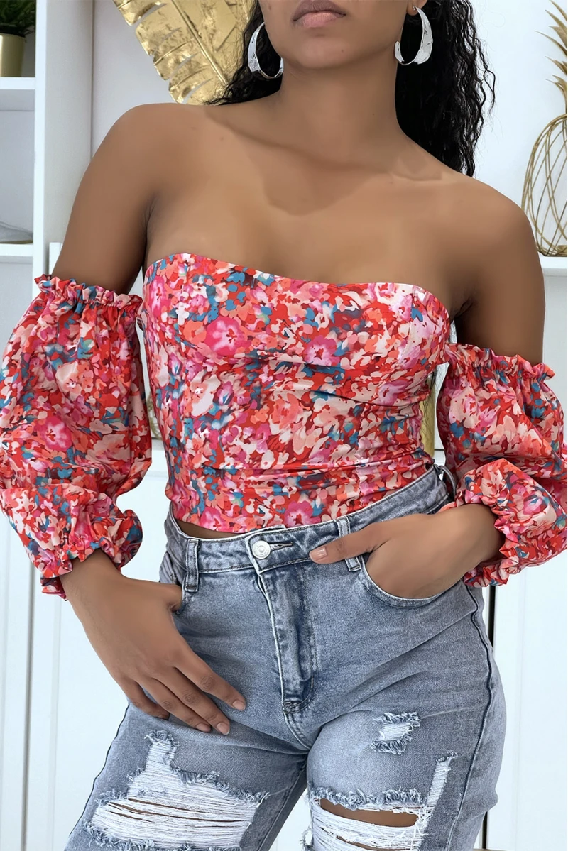 Top à épaule Dénudée Fleuri Rouge 4 Top à épaule Dénudée Fleuri Rouge – Image 4
