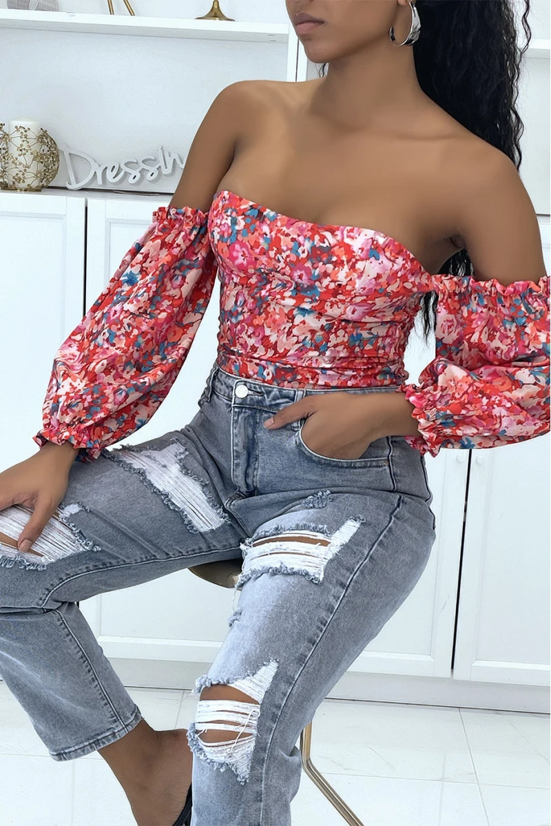 Top à épaule Dénudée Fleuri Rouge 1 Top à épaule Dénudée Fleuri Rouge