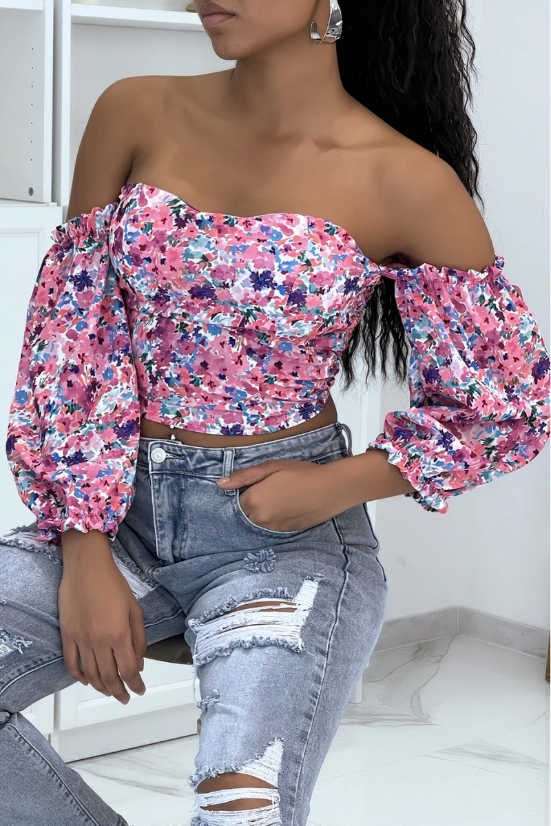 Top à épaule Dénudée Fleuri Violet 2 Top à épaule Dénudée Fleuri Violet – Image 2