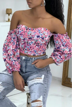 Top à épaule Dénudée Fleuri Violet 6 Top à épaule Dénudée Fleuri Violet -Promos Raffinoux Boutique top a epaule denudee fleuri violet 2