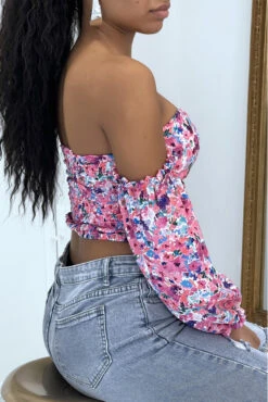 Top à épaule Dénudée Fleuri Violet 7 Top à épaule Dénudée Fleuri Violet -Promos Raffinoux Boutique top a epaule denudee fleuri violet 3
