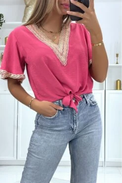 Top à Manches Mi-longues Fuchsia Et Détails Au Fil Dorée Style Orient -Promos Raffinoux Boutique top a manches mi longues fuchsia et details au fil doree style orient 2