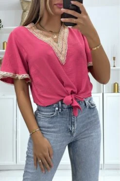 Top à Manches Mi-longues Fuchsia Et Détails Au Fil Dorée Style Orient