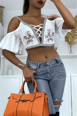 Top Blanc épaules Dénudé Dos Nu Avec Broderie