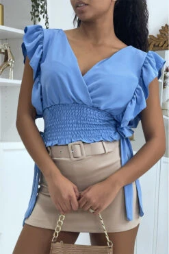 Top Col V à Volant Turquoise