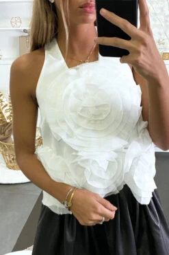 Top De Soirée Blanc Avec Motif Fleur En Tulle