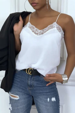 Top Débardeur Ecru Fine Bretelles Col En Dentelle -Promos Raffinoux Boutique top debardeur ecru fine bretelles col en dentelle 2