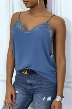 Top Débardeur Indigo Fine Bretelles Col En Dentelle -Promos Raffinoux Boutique top debardeur indigo fine bretelles col en dentelle 2