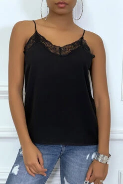 Top Débardeur Noir Fine Bretelles Col En Dentelle -Promos Raffinoux Boutique top debardeur noir fine bretelles col en dentelle 5