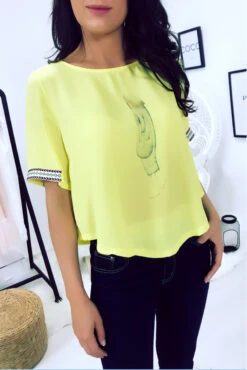 Top Jaune à Motif Imprimé Et Broderies Aux Manches F5561