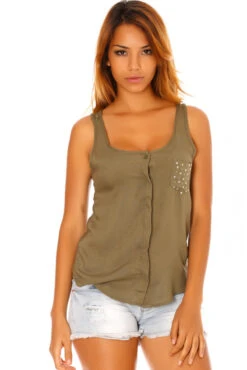 Vendu Par 3 Chemisier Sans Manches Kaki à Poche Strass Et Dos Dentelle. F2030