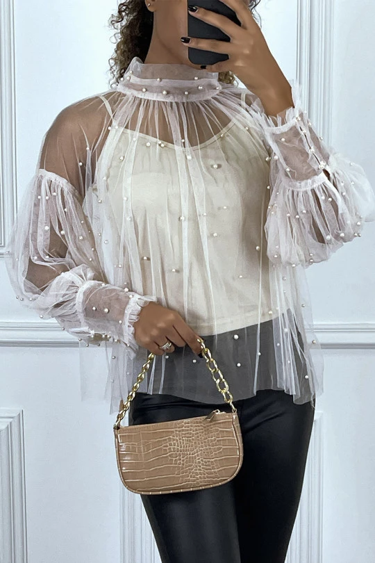 Promos Raffinoux Boutique -Promos Raffinoux Boutique blouse beige en tulle transparent perle a col haut
